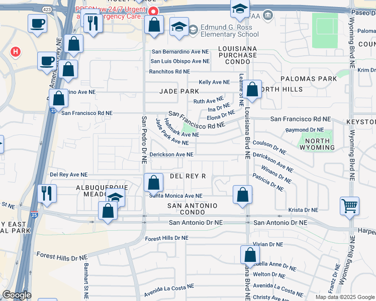 map of restaurants, bars, coffee shops, grocery stores, and more near 6729 Derickson Avenue Northeast in Albuquerque