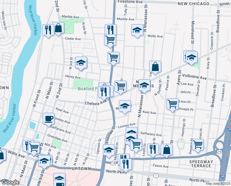 map of restaurants, bars, coffee shops, grocery stores, and more near 654 Chelsea Avenue in Memphis
