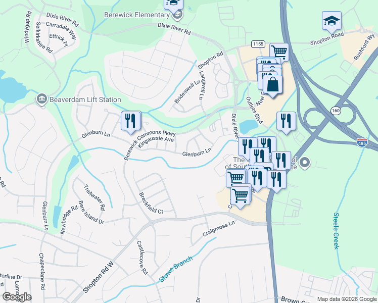 map of restaurants, bars, coffee shops, grocery stores, and more near 9354 Glenburn Lane in Charlotte