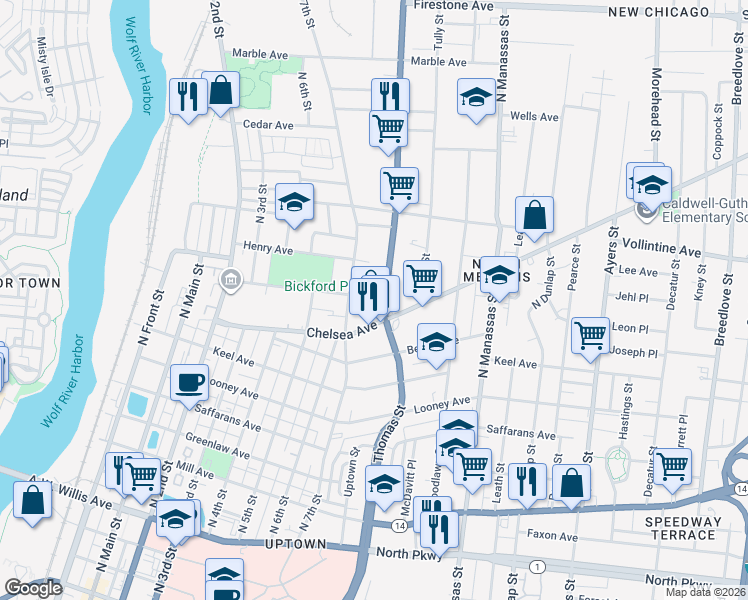 map of restaurants, bars, coffee shops, grocery stores, and more near 845 Thomas Street in Memphis