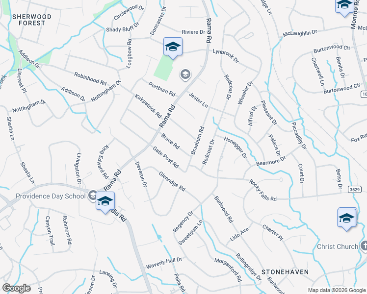 map of restaurants, bars, coffee shops, grocery stores, and more near 6117 Brace Road in Charlotte