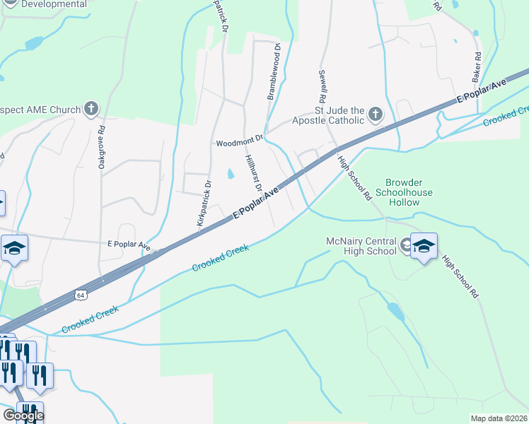map of restaurants, bars, coffee shops, grocery stores, and more near 125 Sunset Cove in Selmer