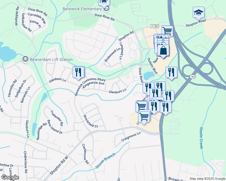 map of restaurants, bars, coffee shops, grocery stores, and more near 9354 Glenburn Lane in Charlotte