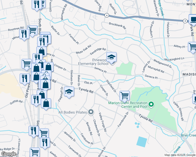 map of restaurants, bars, coffee shops, grocery stores, and more near 633 Cooper Drive in Charlotte