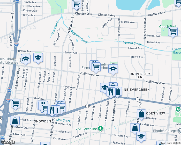 map of restaurants, bars, coffee shops, grocery stores, and more near 1546 Vollintine Avenue in Memphis