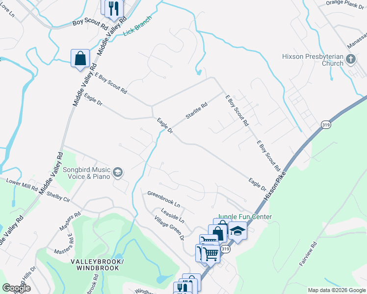 map of restaurants, bars, coffee shops, grocery stores, and more near 1710 Eagle Drive in Middle Valley