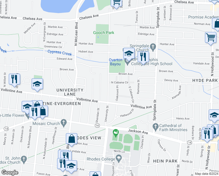 map of restaurants, bars, coffee shops, grocery stores, and more near 1004 University Street in Memphis