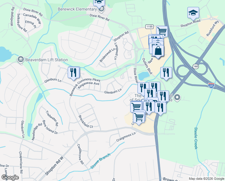 map of restaurants, bars, coffee shops, grocery stores, and more near 9354 Glenburn Lane in Charlotte