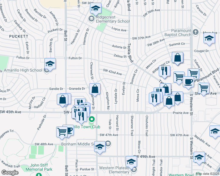 map of restaurants, bars, coffee shops, grocery stores, and more near 4408 Kingston Road in Amarillo