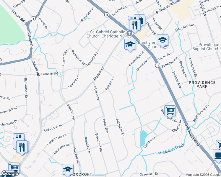 map of restaurants, bars, coffee shops, grocery stores, and more near 3683 Pelham Lane in Charlotte