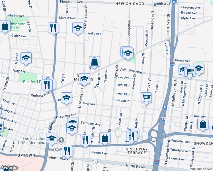 map of restaurants, bars, coffee shops, grocery stores, and more near 880 Pearce Street in Memphis