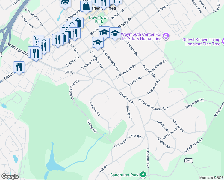 map of restaurants, bars, coffee shops, grocery stores, and more near 403 South Valley Road in Southern Pines