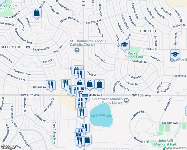 map of restaurants, bars, coffee shops, grocery stores, and more near 7018 Oneill Drive in Amarillo
