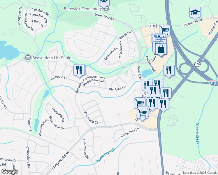 map of restaurants, bars, coffee shops, grocery stores, and more near 9354 Glenburn Lane in Charlotte