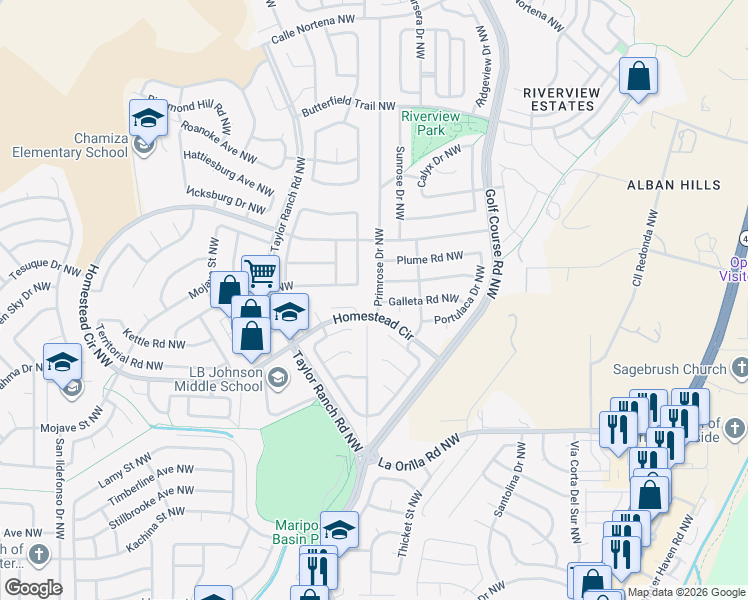 map of restaurants, bars, coffee shops, grocery stores, and more near 7109 Primrose Drive Northwest in Albuquerque