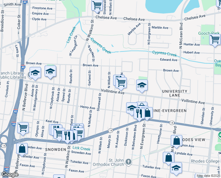 map of restaurants, bars, coffee shops, grocery stores, and more near 1546 Vollintine Avenue in Memphis