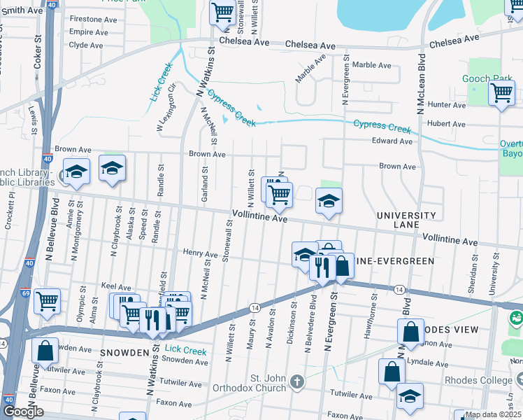 map of restaurants, bars, coffee shops, grocery stores, and more near 1546 Vollintine Avenue in Memphis