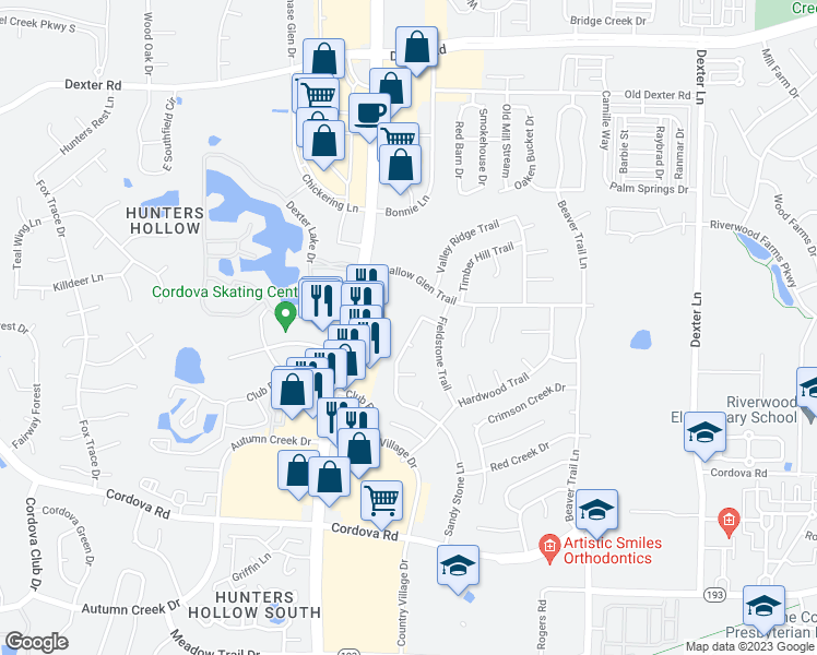 map of restaurants, bars, coffee shops, grocery stores, and more near 1435 Sandy Stone Lane in Memphis