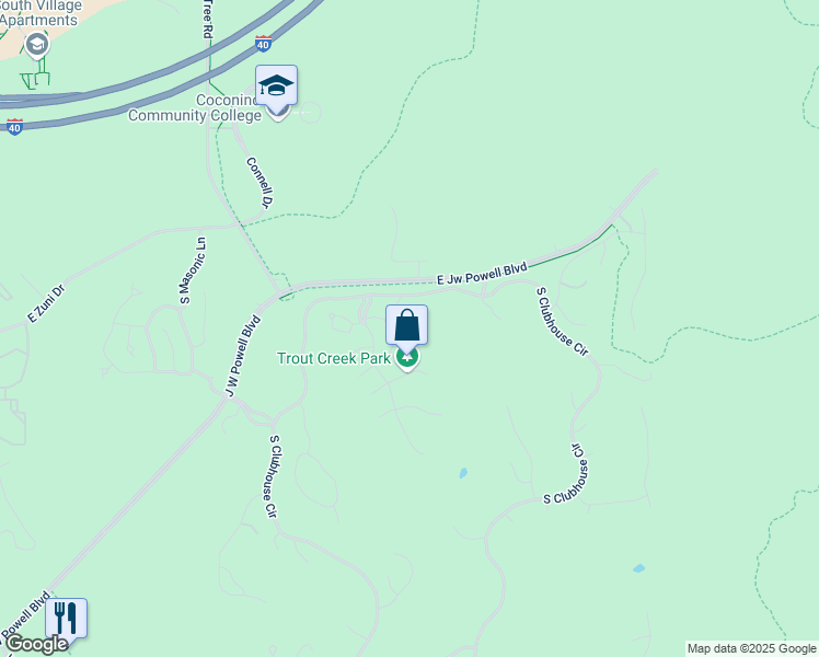 map of restaurants, bars, coffee shops, grocery stores, and more near 1741 East Bent Tree Circle in Flagstaff