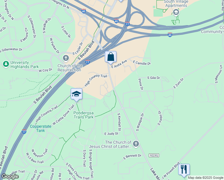 map of restaurants, bars, coffee shops, grocery stores, and more near 3601 South Lake Mary Road in Flagstaff