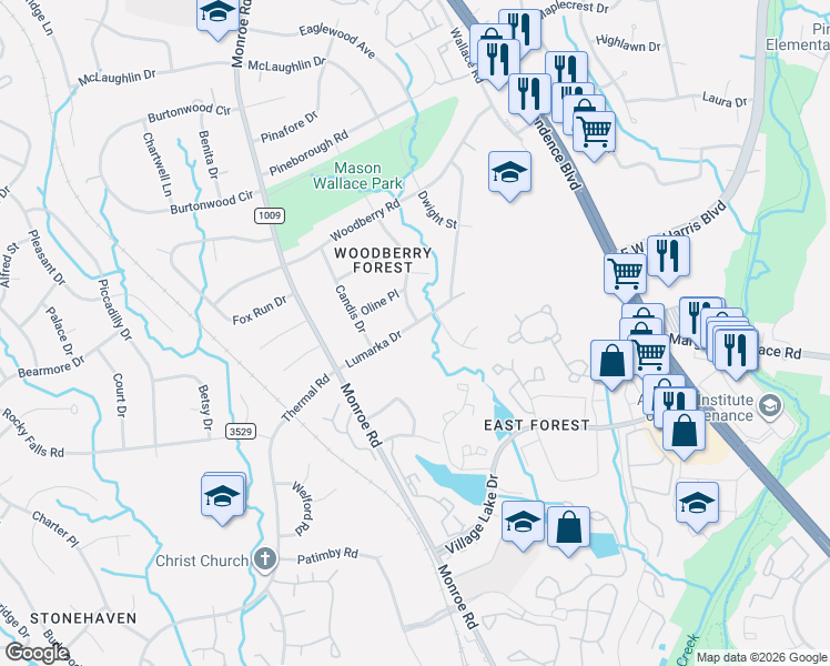 map of restaurants, bars, coffee shops, grocery stores, and more near 1700 Lumarka Drive in Charlotte