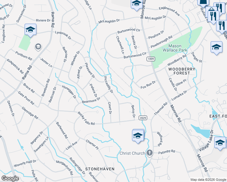 map of restaurants, bars, coffee shops, grocery stores, and more near 1316 Bearmore Drive in Charlotte