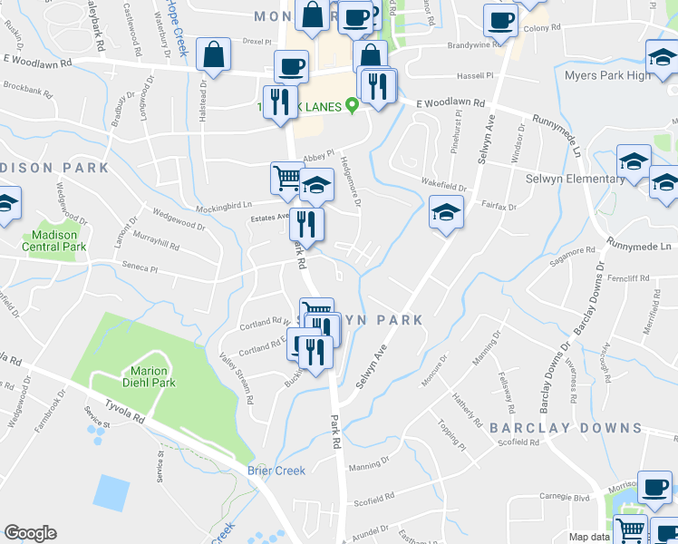 map of restaurants, bars, coffee shops, grocery stores, and more near 1509 Seneca Place in Charlotte