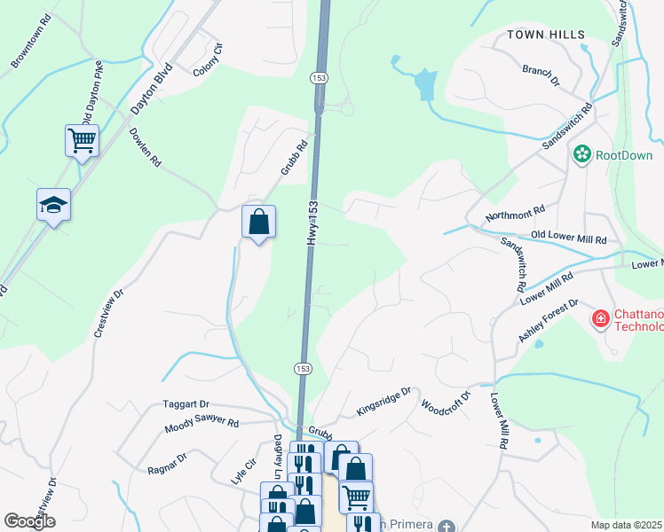 map of restaurants, bars, coffee shops, grocery stores, and more near 5910 Tennessee 153 in Chattanooga