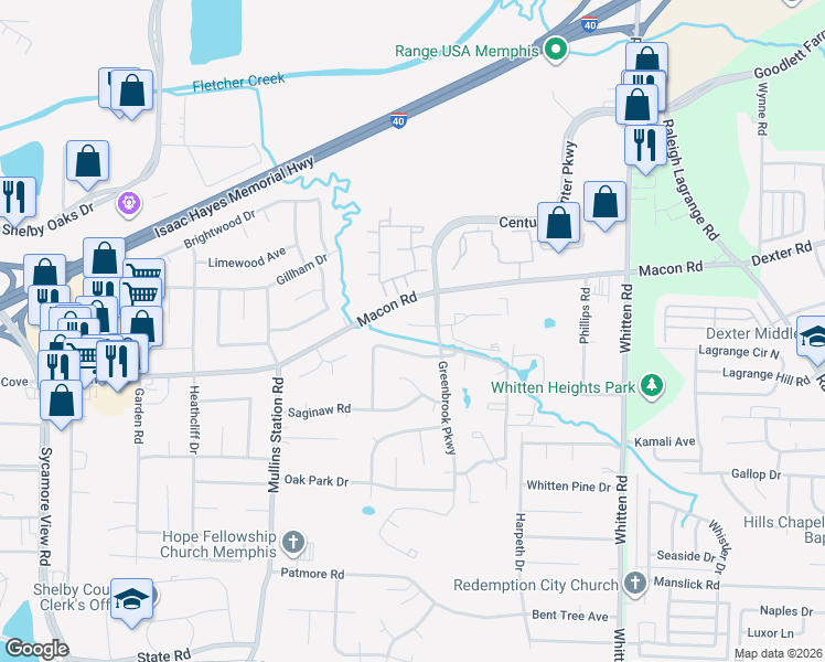 map of restaurants, bars, coffee shops, grocery stores, and more near 6539 Birchbrook Lane in Memphis