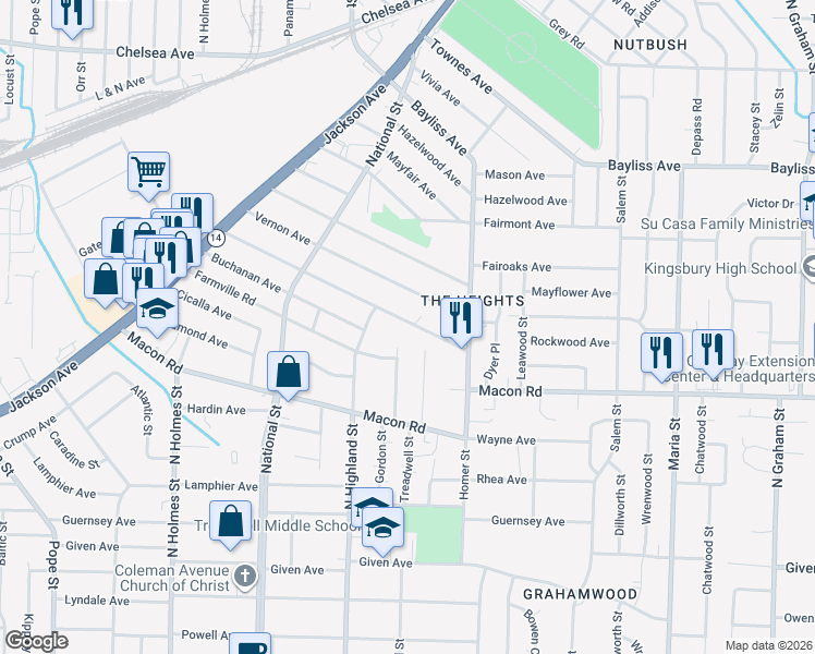 map of restaurants, bars, coffee shops, grocery stores, and more near 3569 Rockwood Avenue in Memphis