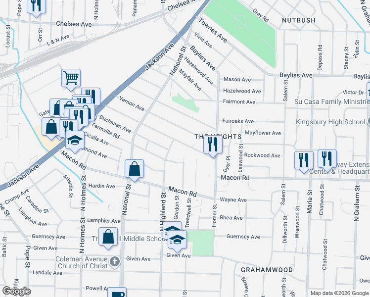 map of restaurants, bars, coffee shops, grocery stores, and more near 3569 Rockwood Avenue in Memphis