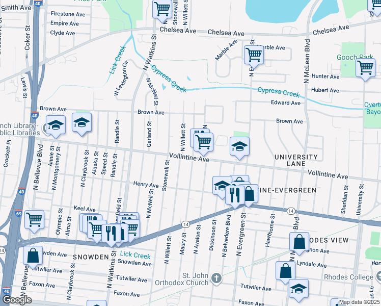 map of restaurants, bars, coffee shops, grocery stores, and more near 1546 Vollintine Avenue in Memphis