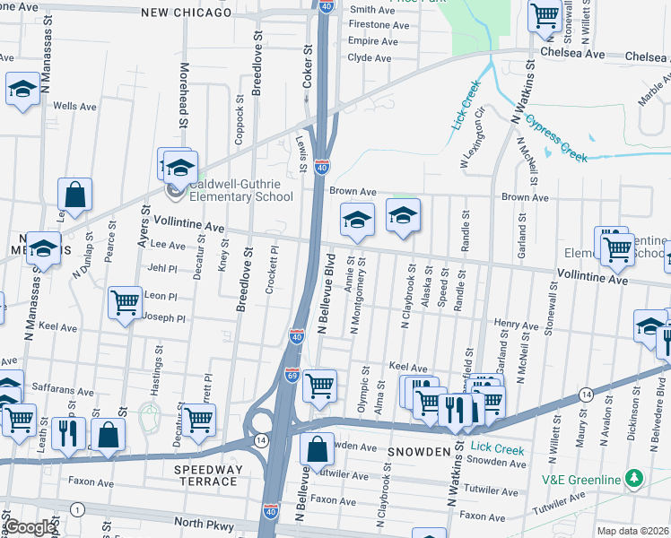 map of restaurants, bars, coffee shops, grocery stores, and more near 924 North Bellevue Boulevard in Memphis