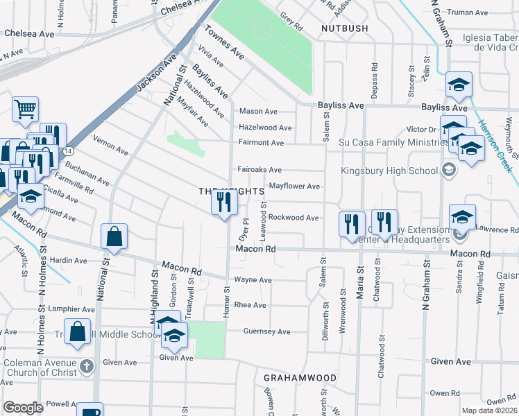 map of restaurants, bars, coffee shops, grocery stores, and more near 3703 Vernon Avenue in Memphis