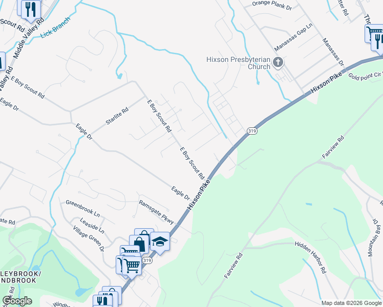 map of restaurants, bars, coffee shops, grocery stores, and more near 6700 West Point Drive in Chattanooga