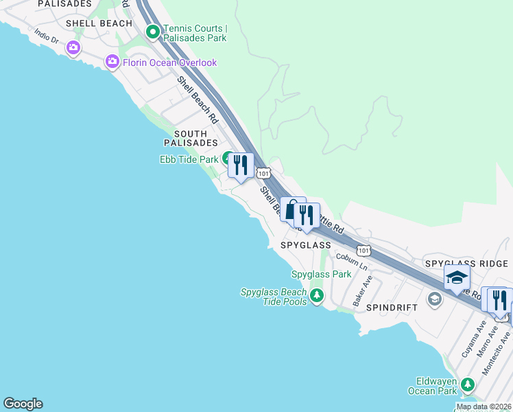 map of restaurants, bars, coffee shops, grocery stores, and more near 2727 Shell Beach Road in Pismo Beach