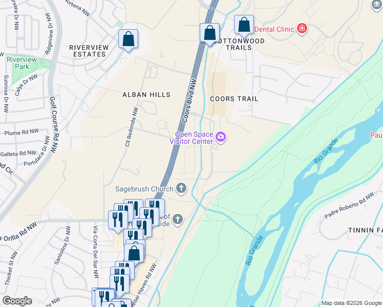 map of restaurants, bars, coffee shops, grocery stores, and more near 6439 Bosque Meadows Place Northwest in Albuquerque