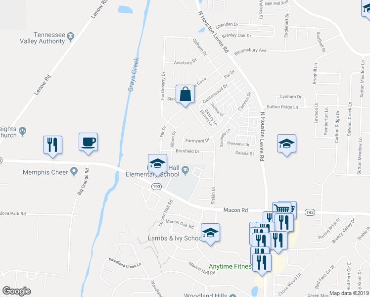 map of restaurants, bars, coffee shops, grocery stores, and more near 9846 Brimfield Drive in Shelby County