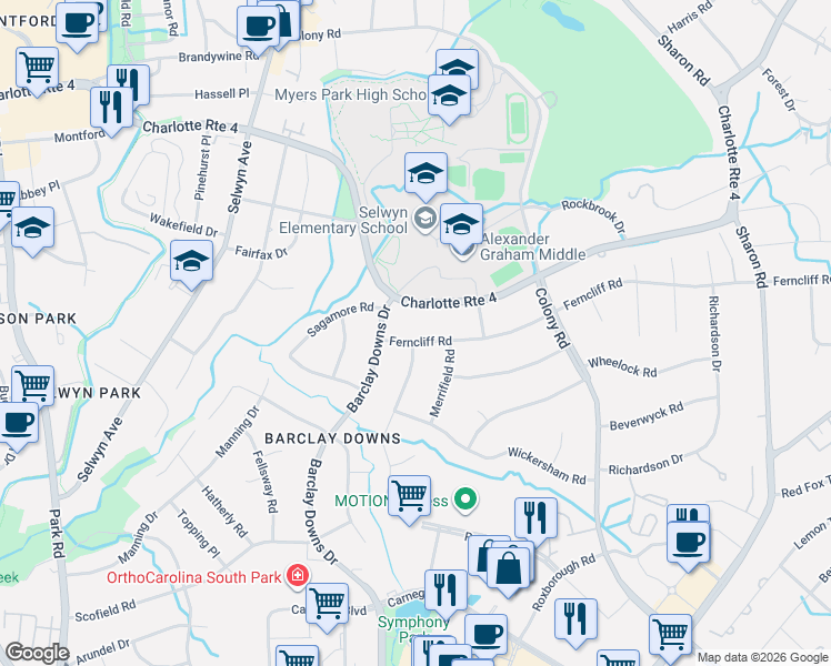 map of restaurants, bars, coffee shops, grocery stores, and more near 3300 Ferncliff Road in Charlotte