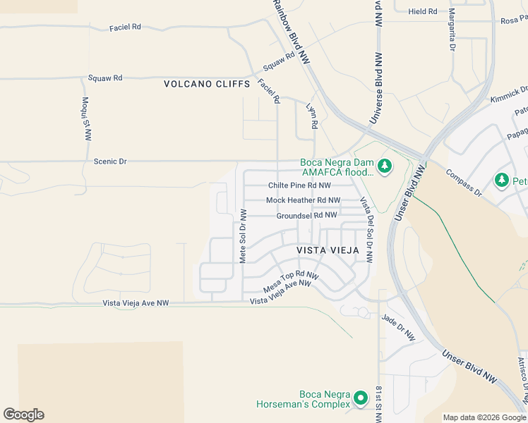 map of restaurants, bars, coffee shops, grocery stores, and more near 8601 Groundsel Road Northwest in Albuquerque