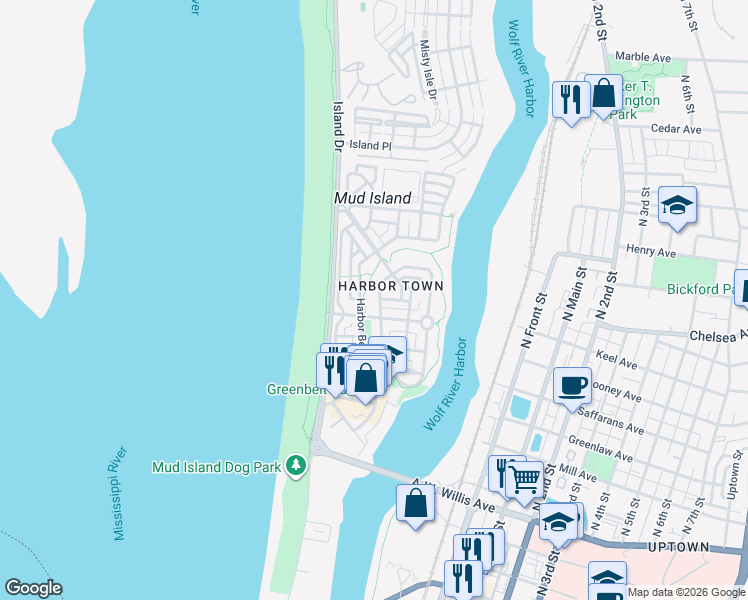 map of restaurants, bars, coffee shops, grocery stores, and more near 849 Harbor Isle Circle West in Memphis