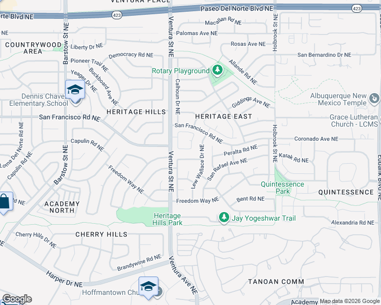 map of restaurants, bars, coffee shops, grocery stores, and more near 9124 Surrey Road Northeast in Albuquerque
