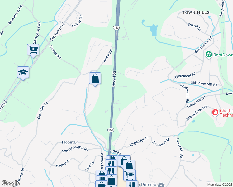 map of restaurants, bars, coffee shops, grocery stores, and more near 5910 Tennessee 153 in Chattanooga