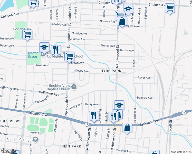 map of restaurants, bars, coffee shops, grocery stores, and more near 1042 Richert Street in Memphis