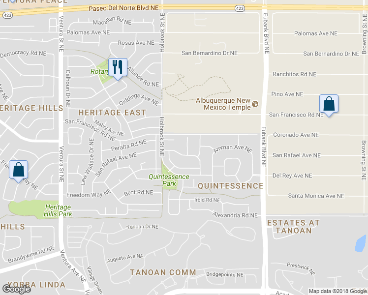 map of restaurants, bars, coffee shops, grocery stores, and more near 7415 Sandia Glow Court Northeast in Albuquerque