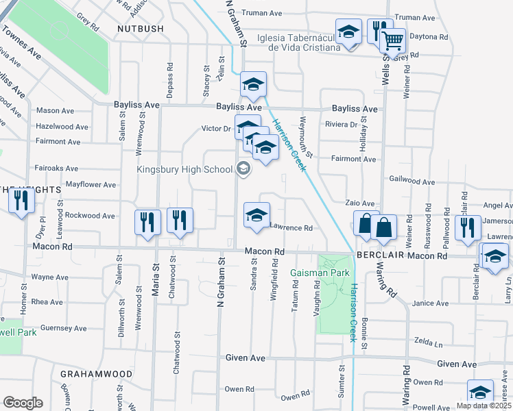 map of restaurants, bars, coffee shops, grocery stores, and more near 1205 Wingfield Road in Memphis