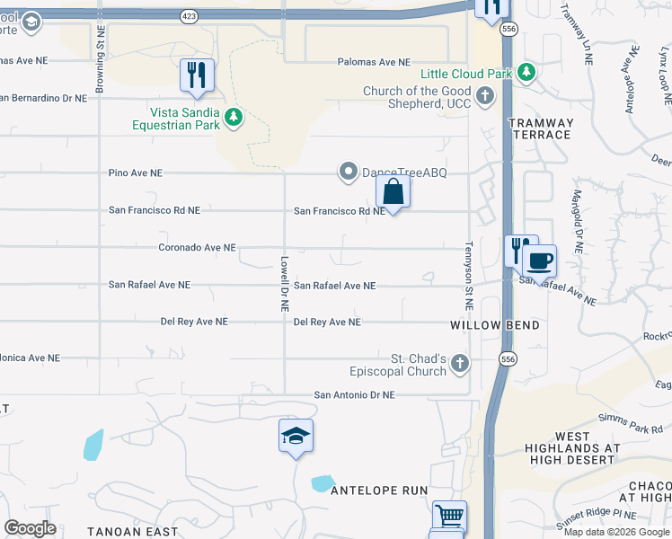 map of restaurants, bars, coffee shops, grocery stores, and more near 12101 San Rafael Avenue Northeast in Albuquerque