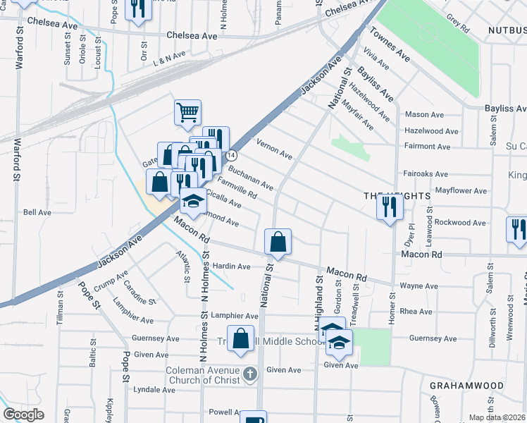map of restaurants, bars, coffee shops, grocery stores, and more near 1184 Panama Street in Memphis
