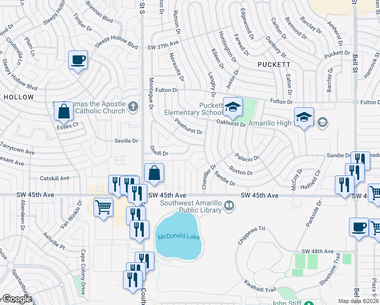 map of restaurants, bars, coffee shops, grocery stores, and more near 7003 Oneill Drive in Amarillo