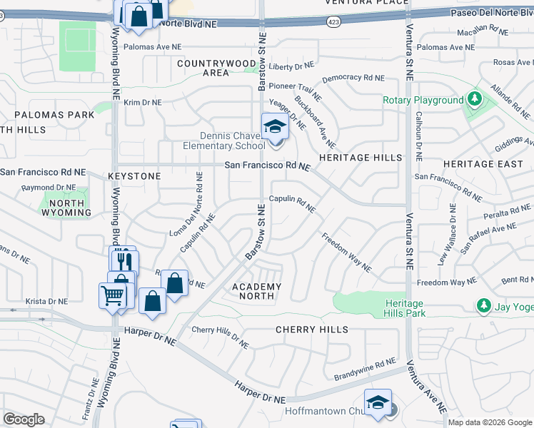 map of restaurants, bars, coffee shops, grocery stores, and more near 7409 Mayflower Road Northeast in Albuquerque